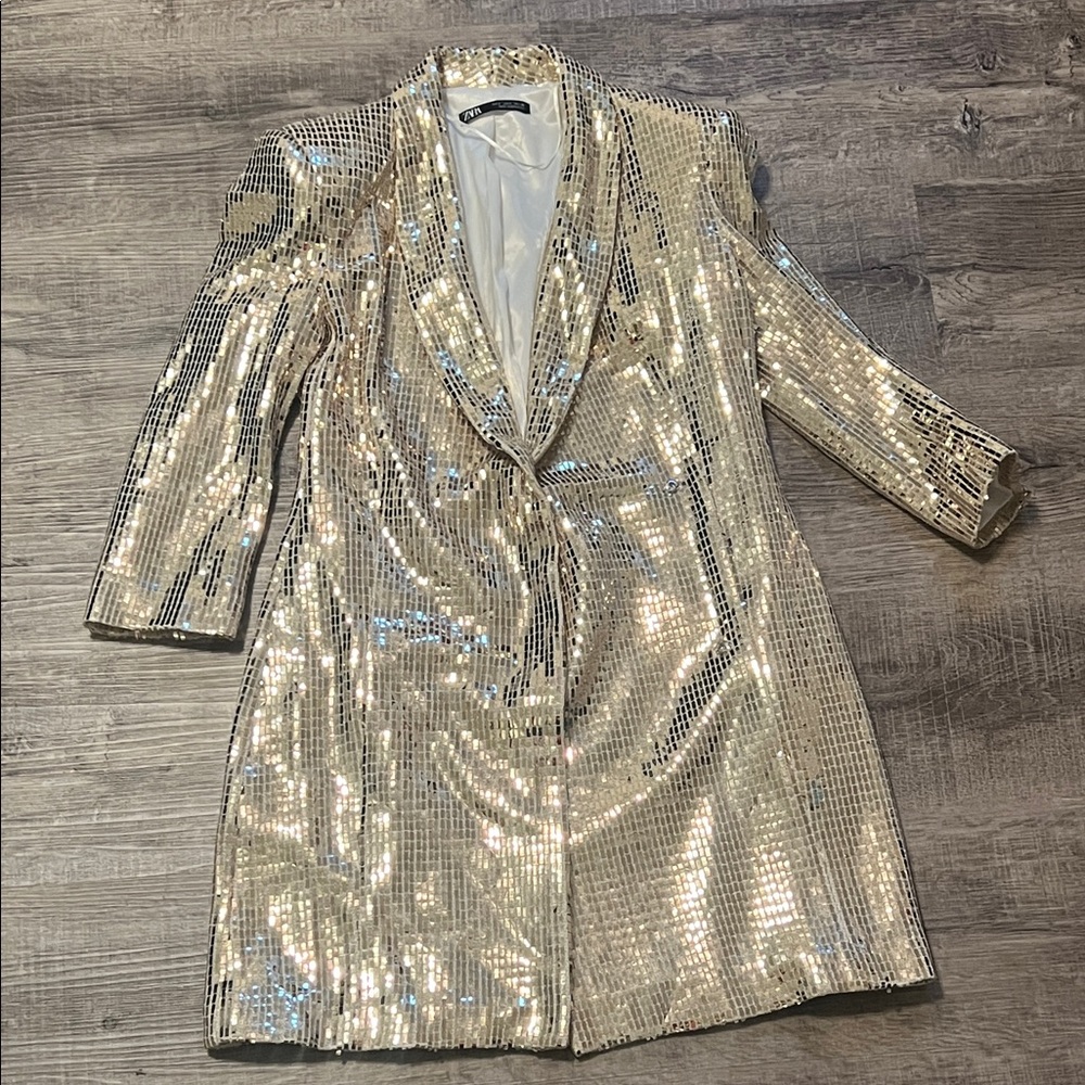 Zara Metallic Sequin Blazer Jacket - Shimmery Gold
